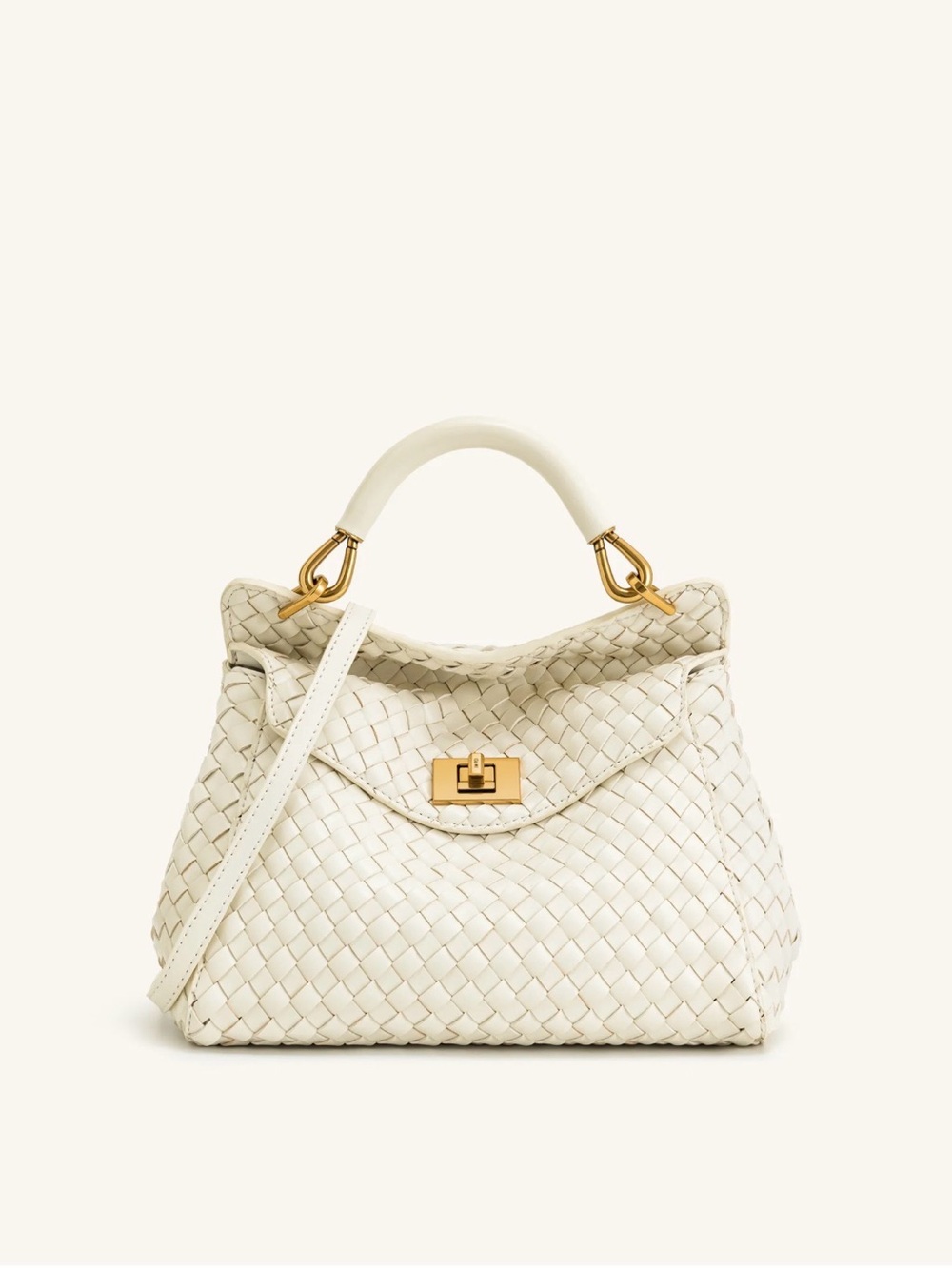 JW PEI Cream Woven Top-Handle Crossbody Bag with Gold Hardware